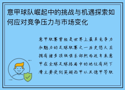意甲球队崛起中的挑战与机遇探索如何应对竞争压力与市场变化