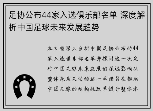 足协公布44家入选俱乐部名单 深度解析中国足球未来发展趋势