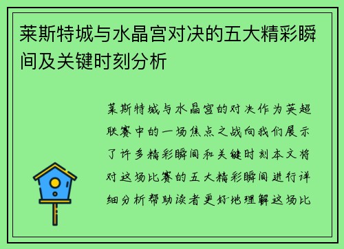 莱斯特城与水晶宫对决的五大精彩瞬间及关键时刻分析